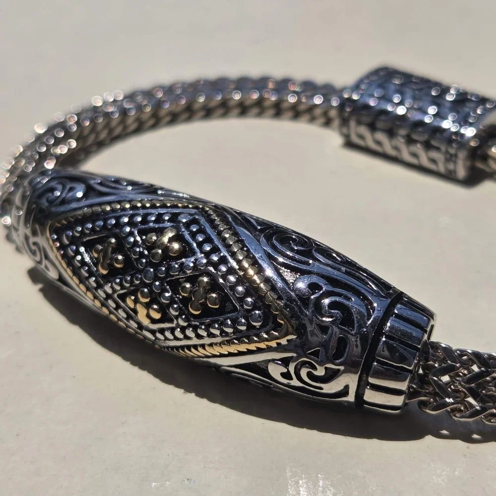 Stainless Steel Wheat Chain Bracelet 8.5 Inch Silver Gold Tone Ornate Magnetic